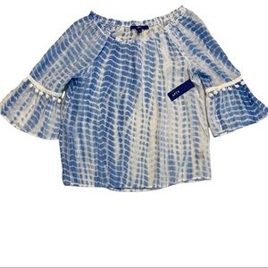 NWT APT.9 Blue and White Sheer Off The Shoulder Boho Bell Sleeve Blouse Size S
